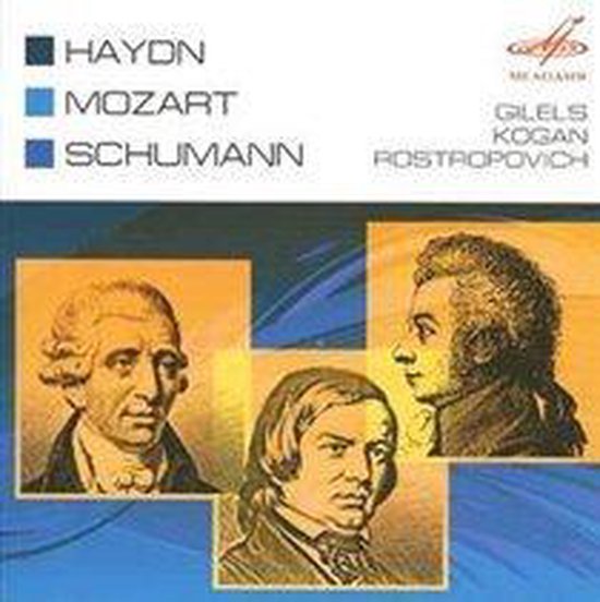 Albumhoes met Haydn, Mozart en Schumann, met portretten van componisten en tekst.
