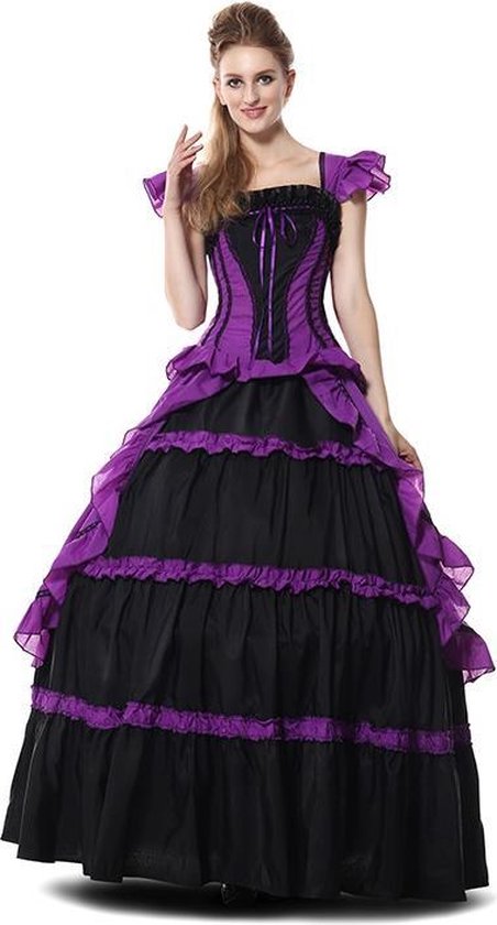 geef de bloem water Hover brandstof Victoriaans jurk in zwart en paars met hoepelrok | Halloween  verkleedkleding maat 40/42 | bol.com
