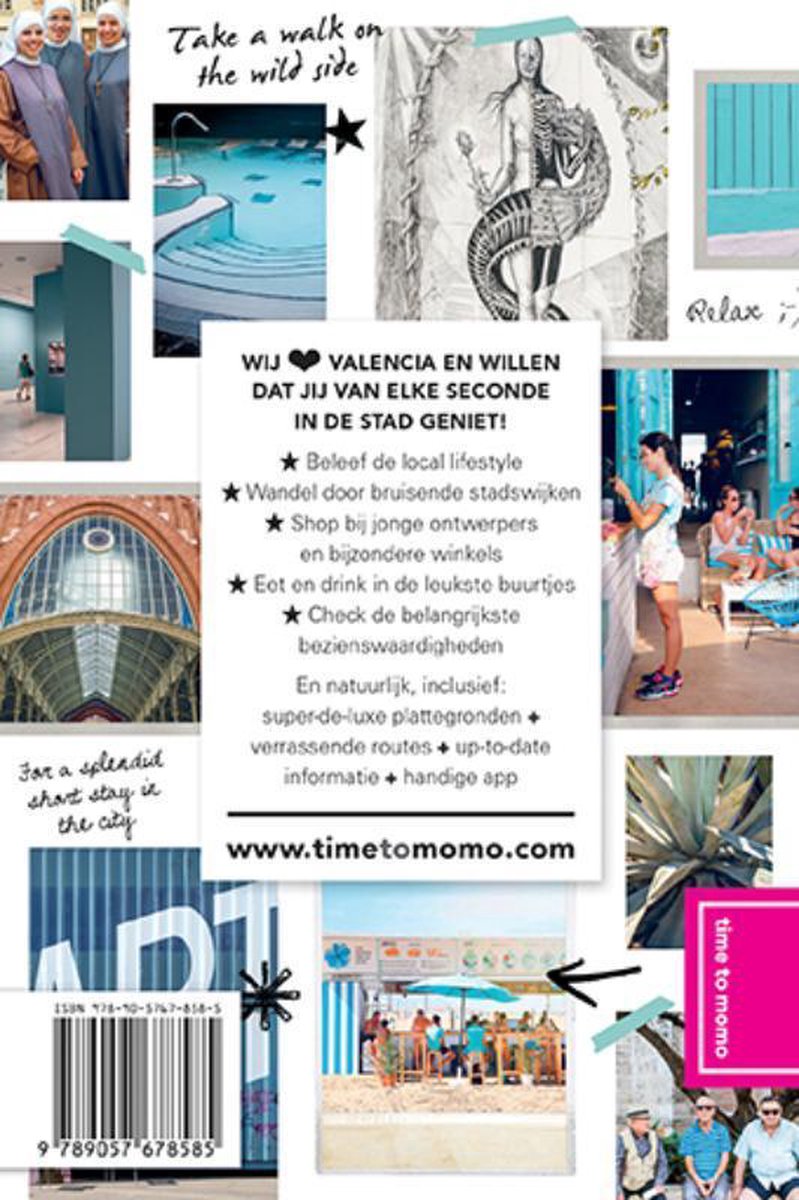 De achterkant van een reisgids met foto's van Valencia, een zwembad en mensen op het strand. Website: www.timetomomo.com