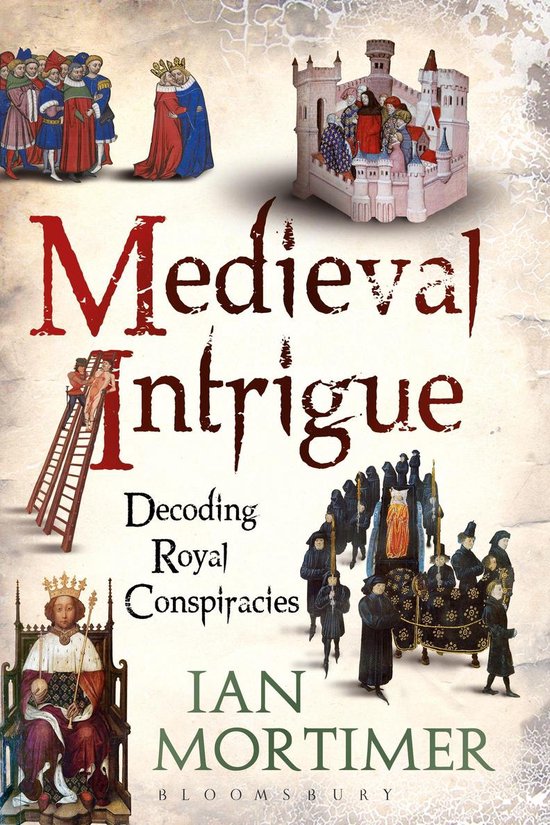Couverture du livre 'Medieval Intrigue' avec des illustrations de rois, châteaux et un cortège funèbre.