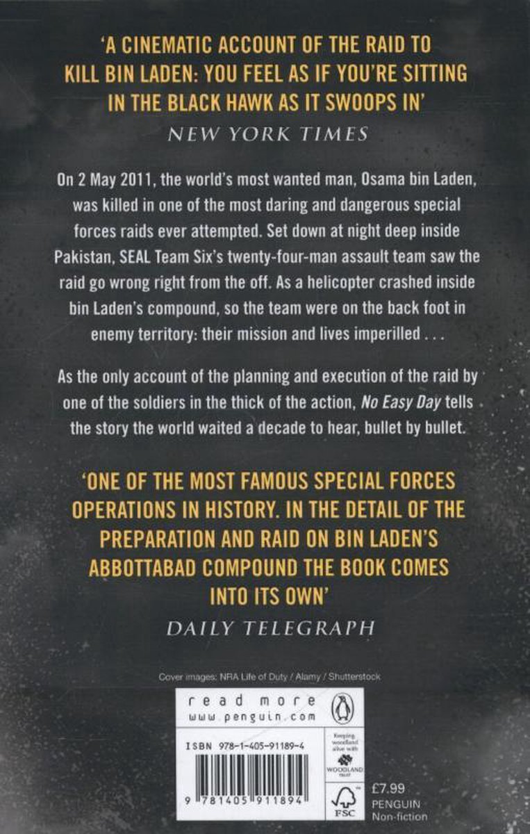 Achterkant van het boek "No Easy Day" met citaten en tekst over de missie.