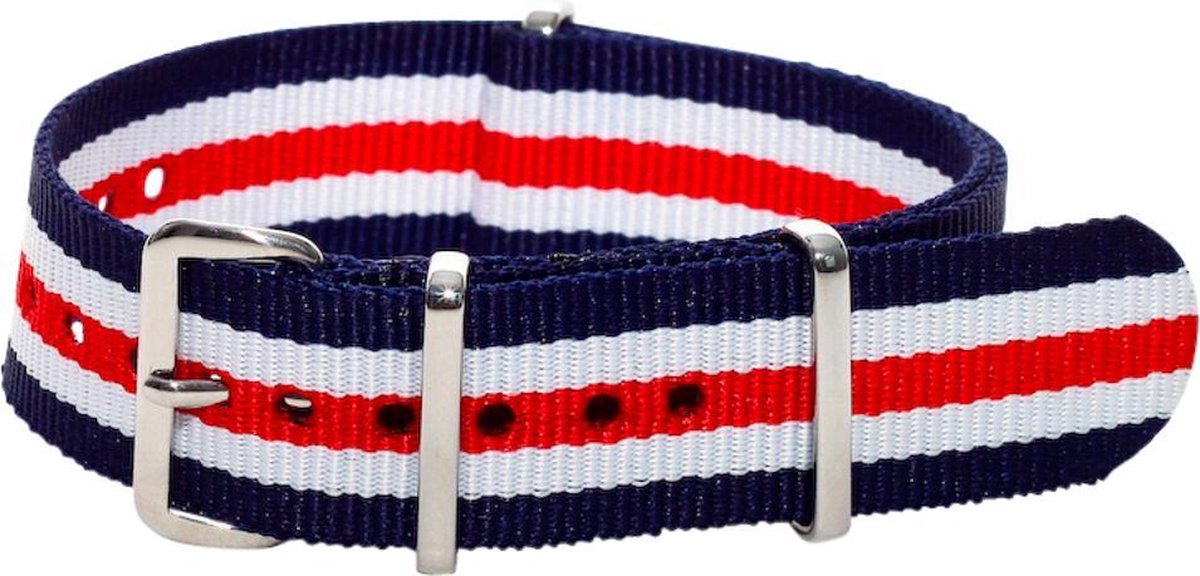 Premium Navy Blue Red White - Nato strap 16mm - Stripe - Horlogeband Blauw Rood Wit