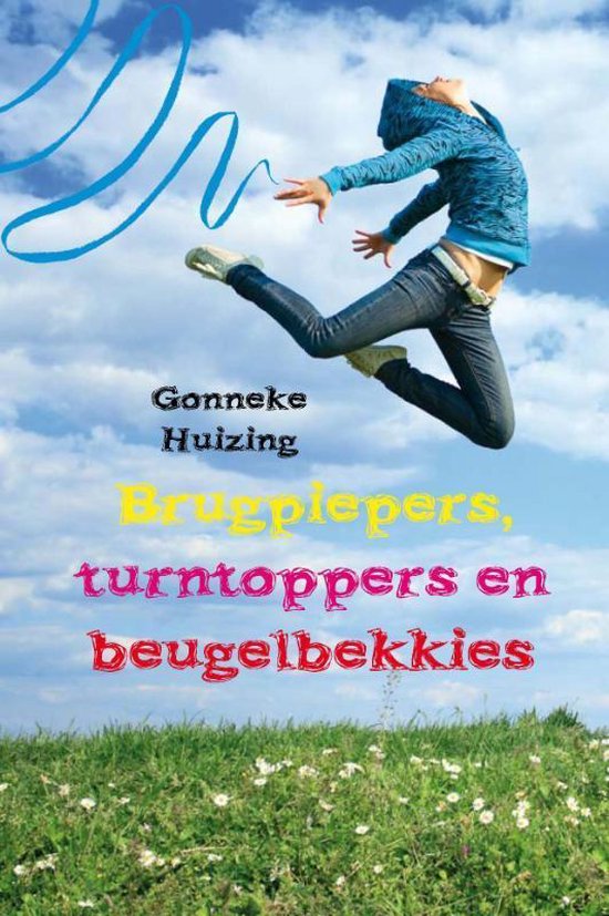 Jong meisje in blauwe hoodie en spijkerbroek danst in de lucht met linten. Titel: Brugpiepers, turntoppers en beugelbekkies.
