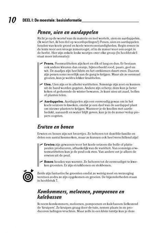 Pagina met informatie over penen, uien, aardappelen, erwten en bonen uit 'Moestuinen Voor Dummies'.