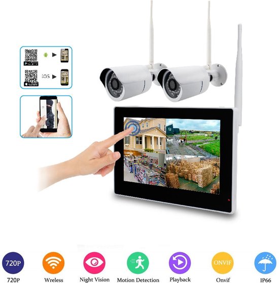 CCTV Draadloos bewakingscamera met monitor 2 ip beveiligingscamera buiten +  9 inch TFT... | bol.com