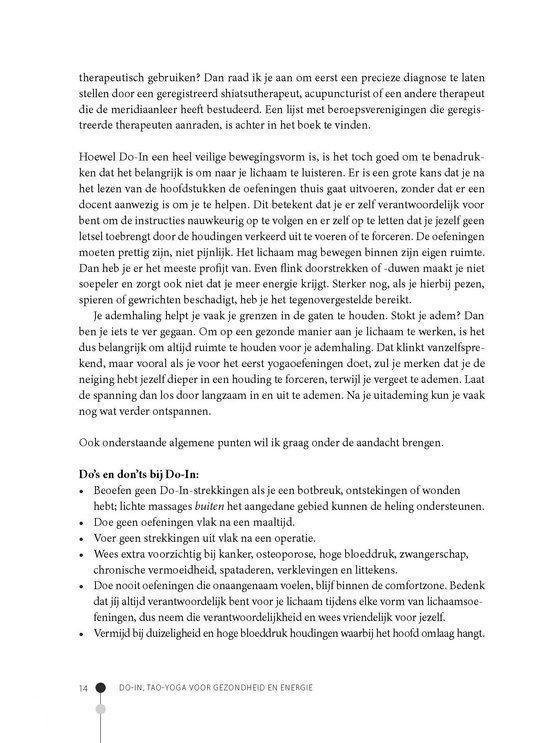 Pagina 14 uit een boek met de titel Do-In, Tao-Yoga voor Gezondheid en Energie. De tekst gaat over de Do-In oefeningen.