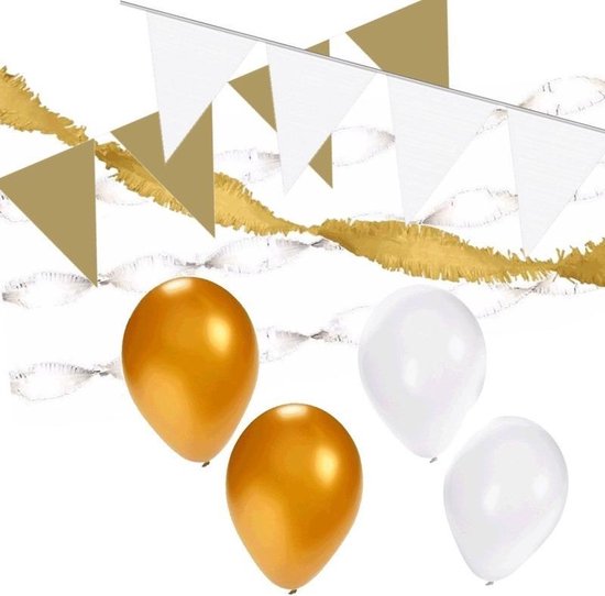 Wit/Gouden versiering pakket XL - ballonnen / slingers en vlaggenlijnen |  bol.com