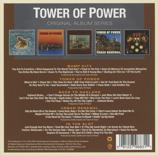 Achterkant van de Tower of Power Original Album Series met tracklijsten en een barcode.