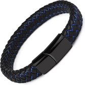 Gevlochten Heren Armband – 100% Echt Leder & Edelstaal – Magneetsluiting – 22 cm – Zwart Met Blauw - Rhylane®