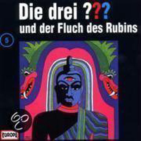 Boekomslag met de titel 'Die drei ??? en der Fluch des Rubins'. Een blauw gezicht met een derde oog staat centraal, omringd door rode draken en psychedelische kleuren.