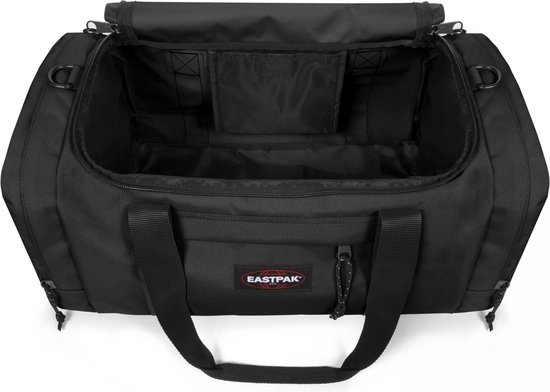 Open zwarte Eastpak Reader S+ reistas met handvatten.