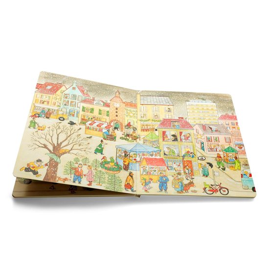Dubbele pagina uit een winterboek met een drukke stad en marktkraampjes.