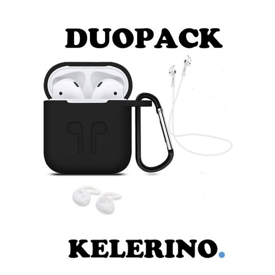 KELERINO. Hoesje geschikt voor Airpods 1 / 2 - 3 in 1 set (Case voor Airpods + strap + earhoox) - Duopack - Zwart