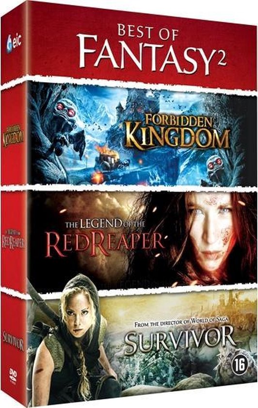 Box met 3 fantasiefilms: Forbidden Kingdom, The Legend of the Red Reaper en Survivor. Rode en witte titel.