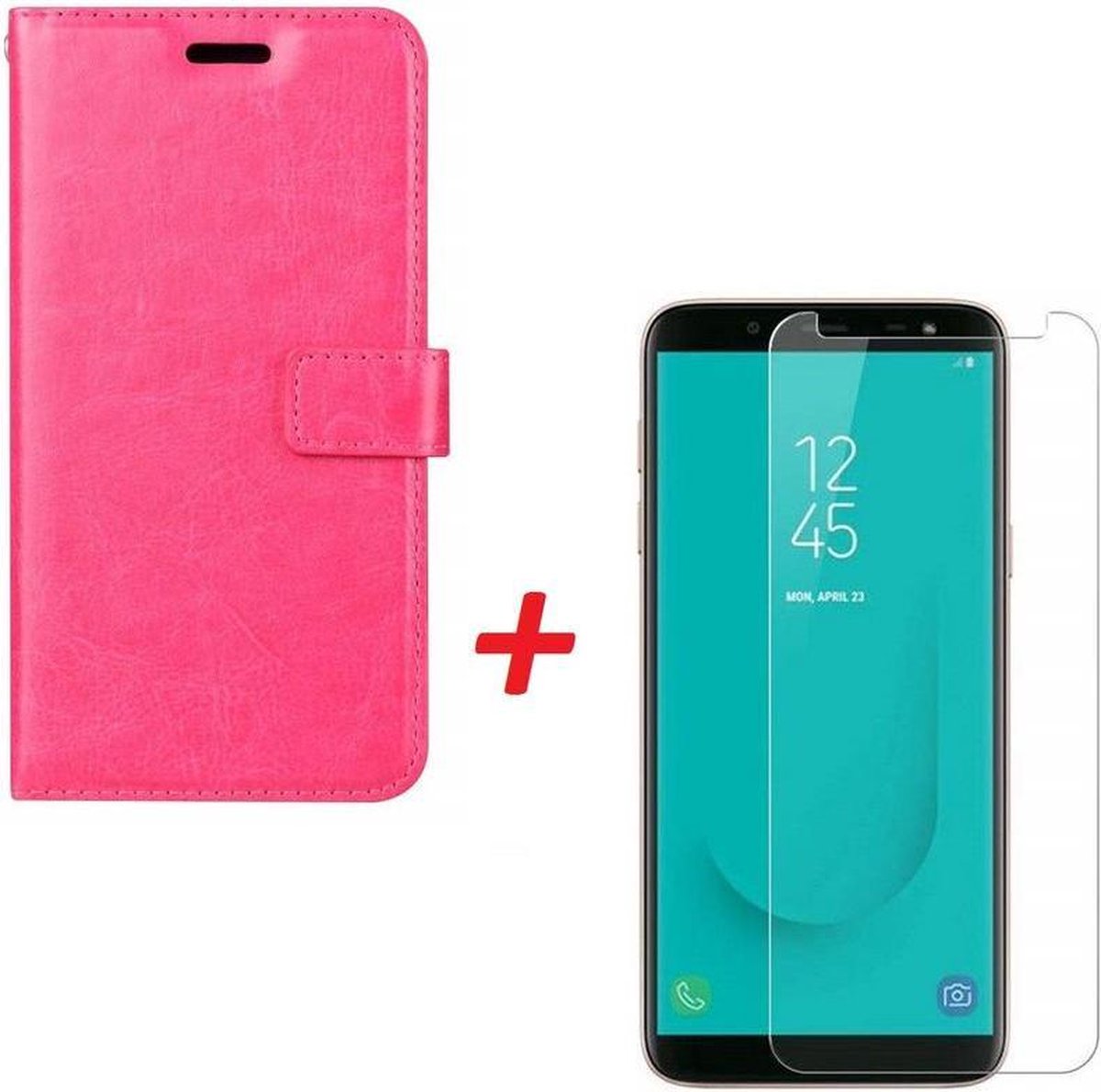 Samsung Galaxy J8 2018 Portemonnee hoesje roze met Tempered Glas Screen protector