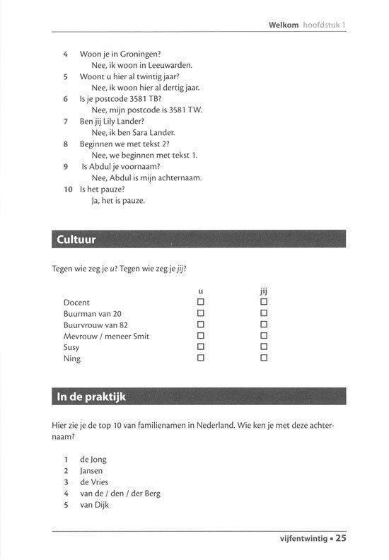 Lijst met vragen over wonen, cultuur en top 10 familienamen in Nederland.