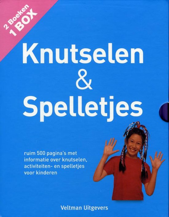 Blauwe omslag van het boek 'Knutselen &amp; spelletjes' met een lachend meisje met vlechten.