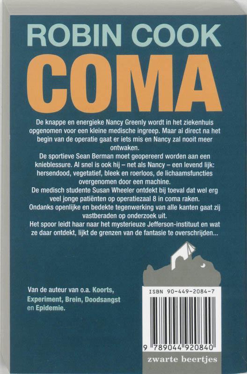 Achterkant boek 'COMA' van Robin Cook. Tekst en ISBN 90-449-2084-7.