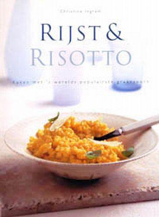 Boek 'Rijst & Risotto' met een kom oranje risotto, gegarneerd met kaas en basilicum.