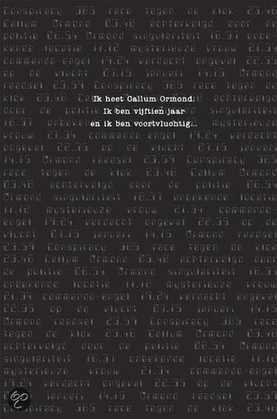 Zwarte achtergrond met witte tekst uit een boek, met de titel 'Complot 365'.