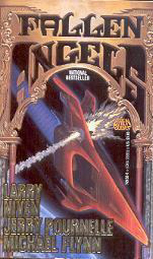 Boek kaft met rode en blauwe engel in de ruimte, titel 'Fallen Angels'.