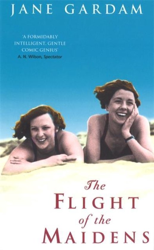 Boek 'The Flight of the Maidens' met op de cover twee lachende vrouwen op het strand, met blauwe lucht op de achtergrond.