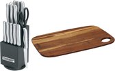 Exclusieve Messenset 15 delig – RVS – houten roteerbare Messenblok Frisbo + Bamboe Snijplank OP=OP!