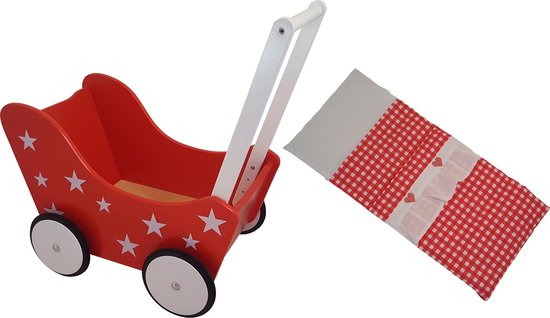 periscoop Verbanning kapok Playwood - Houten Poppenwagen rood met witte sterren - inclusief dekje rode  ruitjes | bol.com