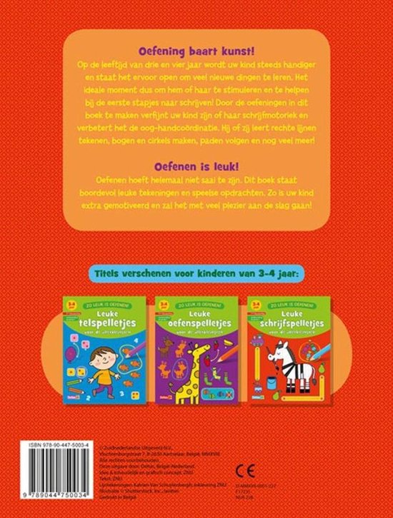 Boek "Leuke schrijfspelletjes voor de allerkleinsten" met op de achterkant drie kinderboeken en een streepjescode.