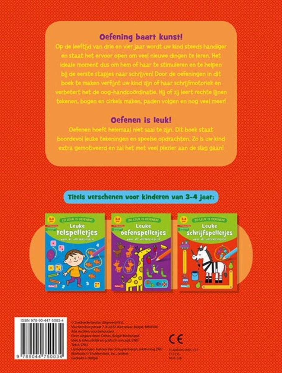 Boek "Leuke schrijfspelletjes voor de allerkleinsten" met op de achterkant drie kinderboeken en een streepjescode.