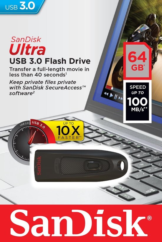 Zwarte SanDisk Ultra USB 3.0 64GB flash drive op een laptop toetsenbord.