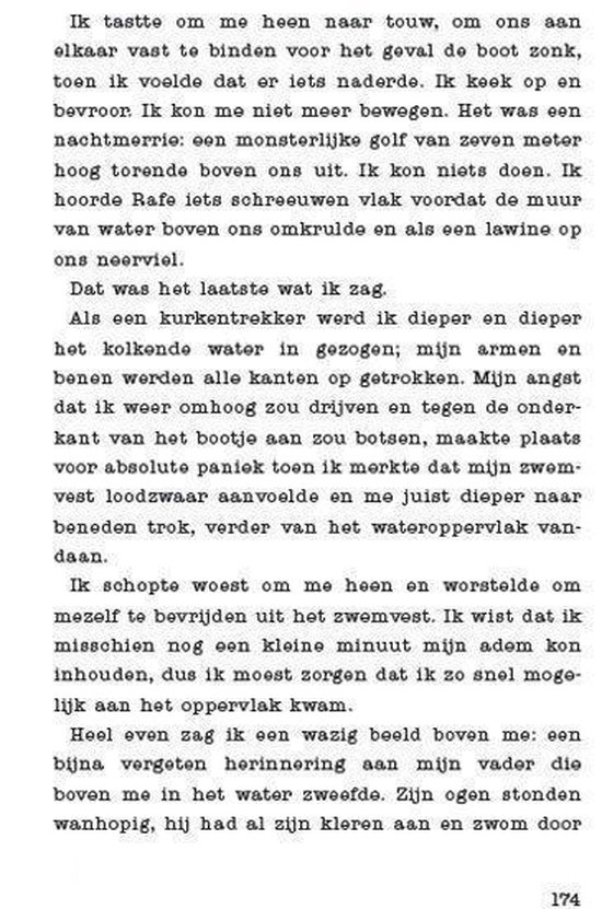 Tekstpagina uit een boek, met een passage over een boot, water en overleven.