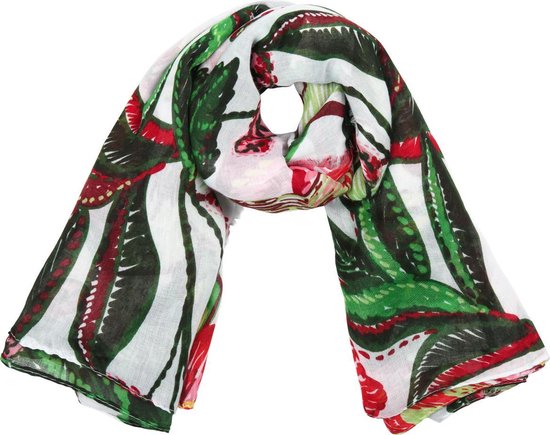 sjaal flower power wit met rood en groen