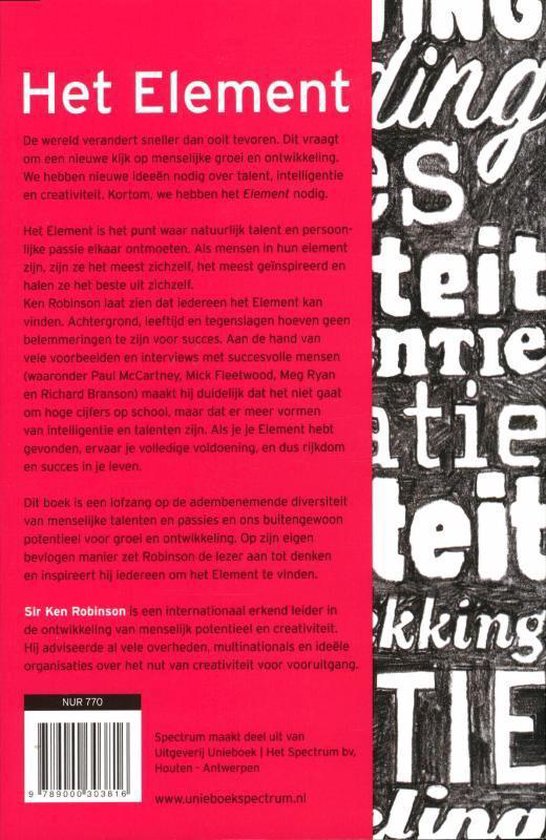 Boekcover van 'Het Element' met de titel en een lijst met woorden.