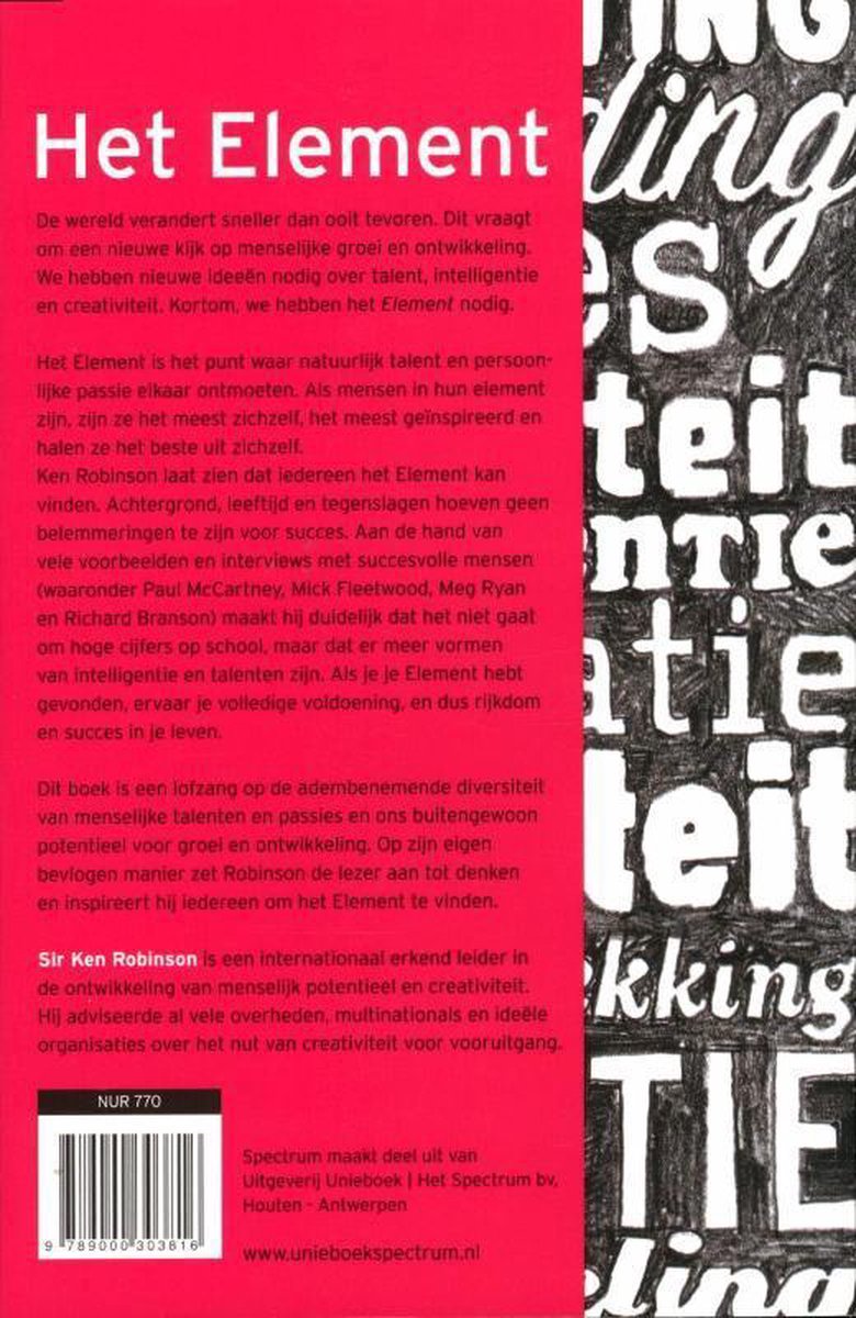 Boekcover van 'Het Element' met de titel en een lijst met woorden.