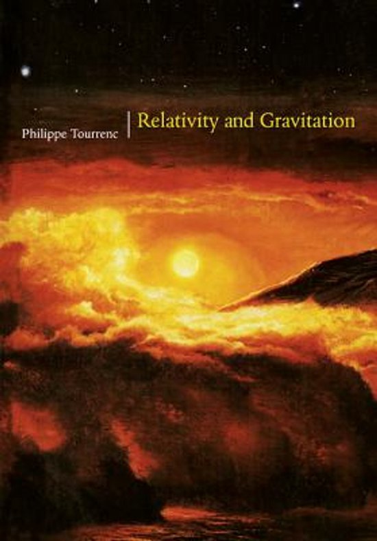 Boekkaft met de titel "Relativity and Gravitation" van Philippe Tourrenc, met een schilderij van een zonsopgang boven een rotsachtige kustlijn.