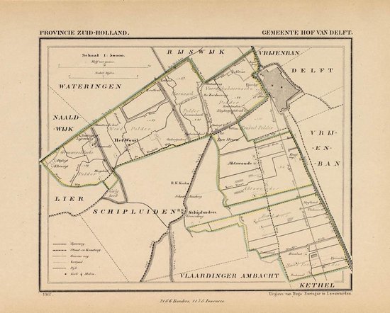 Historische kaart, plattegrond van gemeente Hof van Delft in Zuid Holland uit 1867 door Kuyper van Kaartcadeau.com