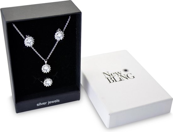 New Bling Gift Set 9NB SET008 58 Bijoux Coffret - Boucles d' Boucles d'oreilles en argent 6x8 mm Collier 40 + 5 cm Taille de la Ring 58 - Solitaire pierre zircons - couleur argent