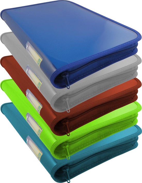 Stapel van vijf A4-mappen in verschillende kleuren: blauw, grijs, roodbruin, limoengroen en blauwgroen, met doorzichtige voorflap en rits.