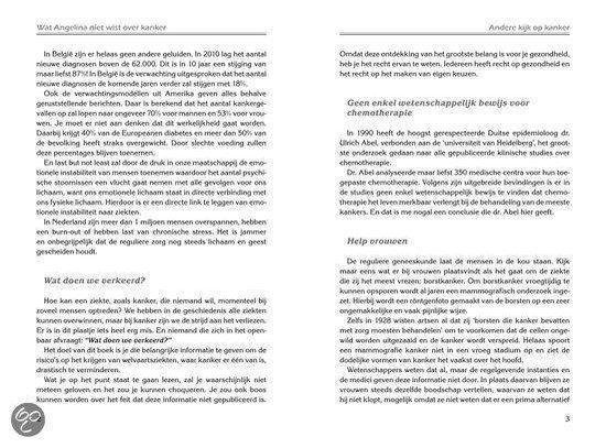 Open boekpagina's met tekst. Links: 'Wat Angelina niet wist over kanker'. Rechts: 'Andere kijk op kanker'.