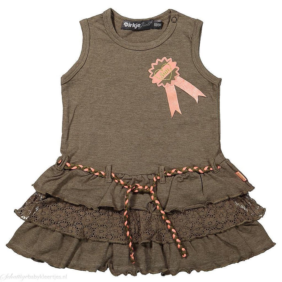Jurkje mouwloos Sunshine army green melee + neon peach maat 116