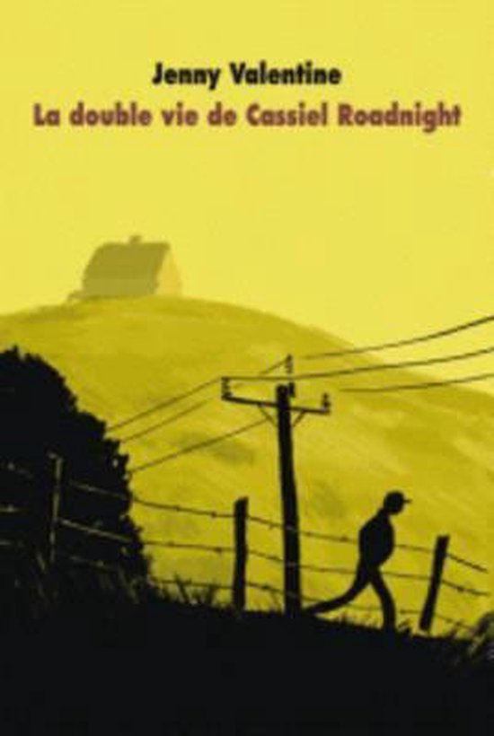 Couverture du livre : La double vie de Cassiel Roadnight par Jenny Valentine. Silhouette d'un garçon avec une casquette marchant le long d'une clôture, sous un ciel jaune.