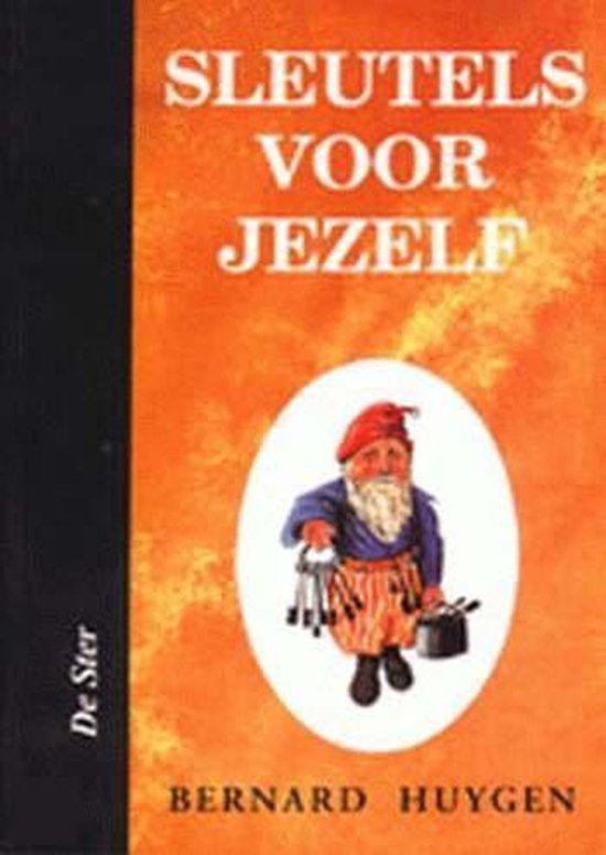 Boek 'Sleutels voor jezelf' met op de oranje omslag een witte ovaal met een kabouter met baard en rode muts, die gereedschap vasthoudt.