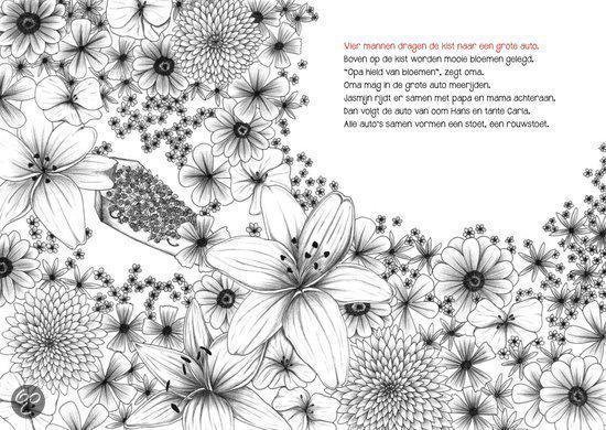 Pagina met tekst en een illustratie van bloemen, een bloem in de linkerhand van een vrouw en een auto met bloemen.
