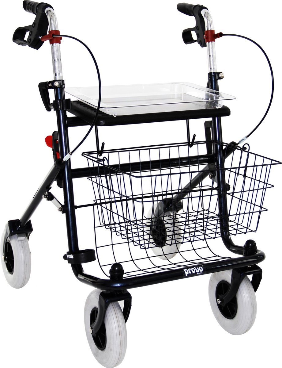 Goedkoopste Premis - Rollator Provo Zwart - Inclusief mandje, dienblad en stokhouder. Zit breedte 43 cm - 2de generatie