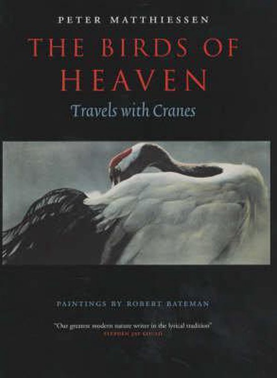 Boekomslag van 'The Birds of Heaven' met schilderij van een kraanvogel.