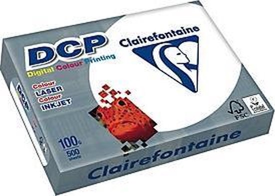 Doos Clairefontaine DCP digitaal kleur printpapier, 100g, 500 vellen. Toont een close-up van een rode vis.