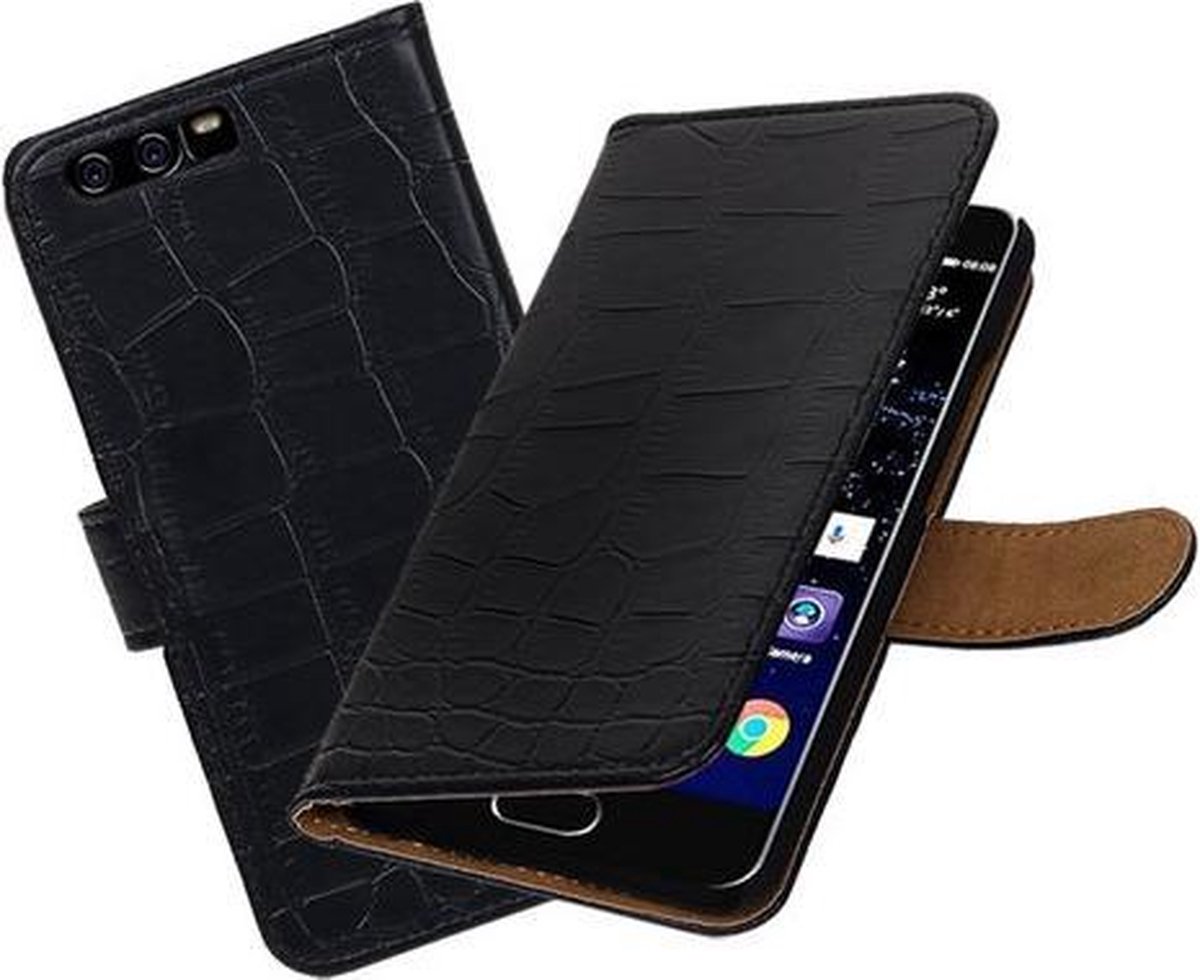 BestCases.nl Zwart Krokodil booktype wallet cover hoesje Huawei P10