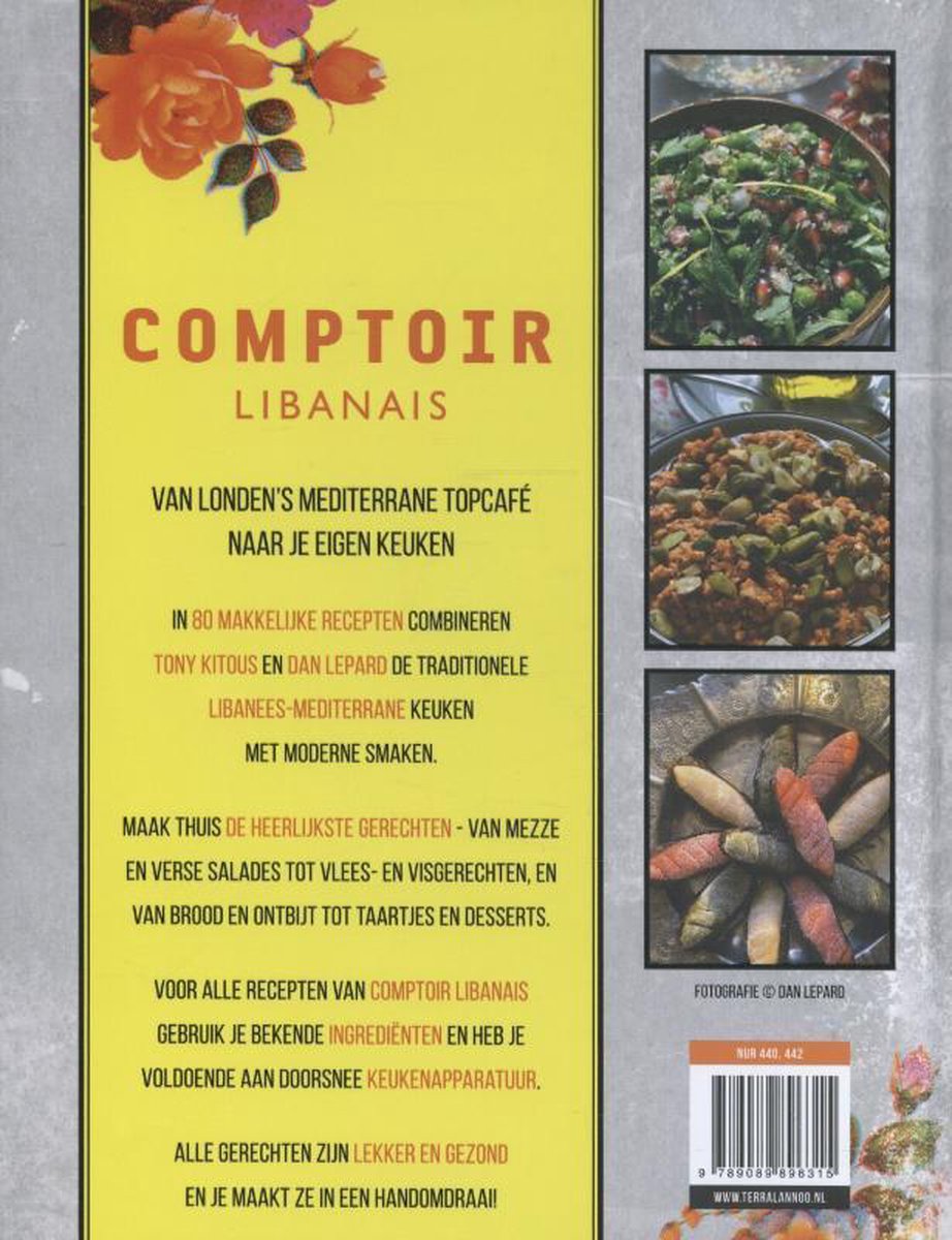 Boek "Comptoir Libanais" met foto's van salade, stoofschotel en gegrilde groenten. Titel: "Comptoir Libanais"