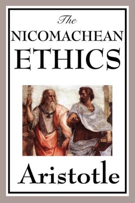 Boekomslag van 'The Nicomachean Ethics' van Aristoteles, met een schilderij van Plato en Aristoteles.
